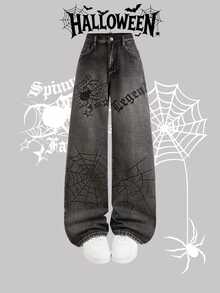 SHEIN Girlism Teen Girl Loose And Comfortable Spider-Web Pattern Design Loose Jeans Halloween And Black To School - Black - View 2