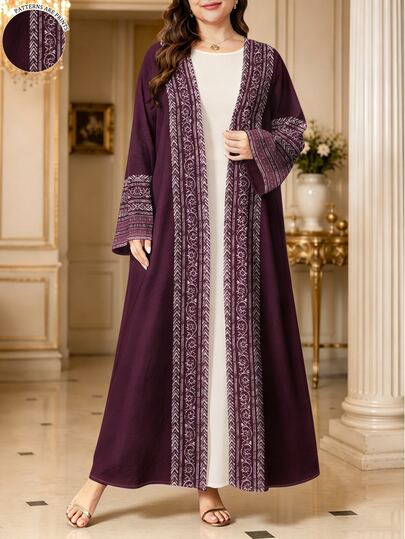 SHEIN Najma White Lace Geometric Print Deep Purple Women's Elegant Arabic Abaya, Spring/Autumn Fashion Long Sleeve Open Front Long Coat, Arabic Style Clothing