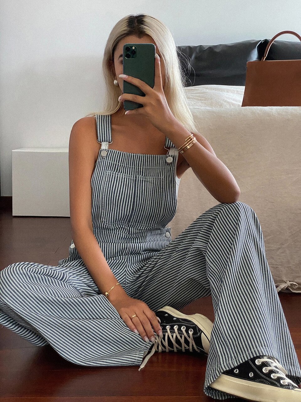 Casual Striped Women Denim Bib Pants, Suitable For Daily Wear Overalls