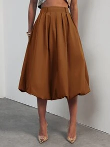 Hauture Summer Casual Design A-Line Tulip Skirt With Pleated Lantern Hem Women's Skirt - Brown - View 2