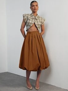 Hauture Summer Casual Design A-Line Tulip Skirt With Pleated Lantern Hem Women's Skirt - Brown - View 3