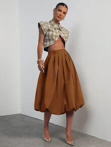 Hauture Summer Casual Design A-Line Tulip Skirt With Pleated Lantern Hem Women's Skirt - Brown - View 1