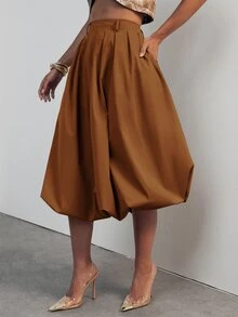 Hauture Summer Casual Design A-Line Tulip Skirt With Pleated Lantern Hem Women's Skirt - Brown - View 4