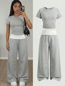 SHEIN Girlism 青少年女孩休閒簡約舒適藍白配色短袖T恤與摺腰長褲套裝 - 灰色 - 查看 2