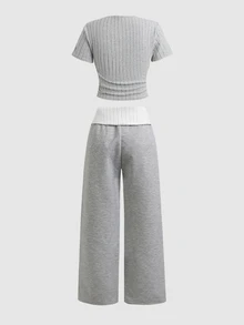 SHEIN Girlism 青少年女孩休閒簡約舒適藍白配色短袖T恤與摺腰長褲套裝 - 灰色 - 查看 3