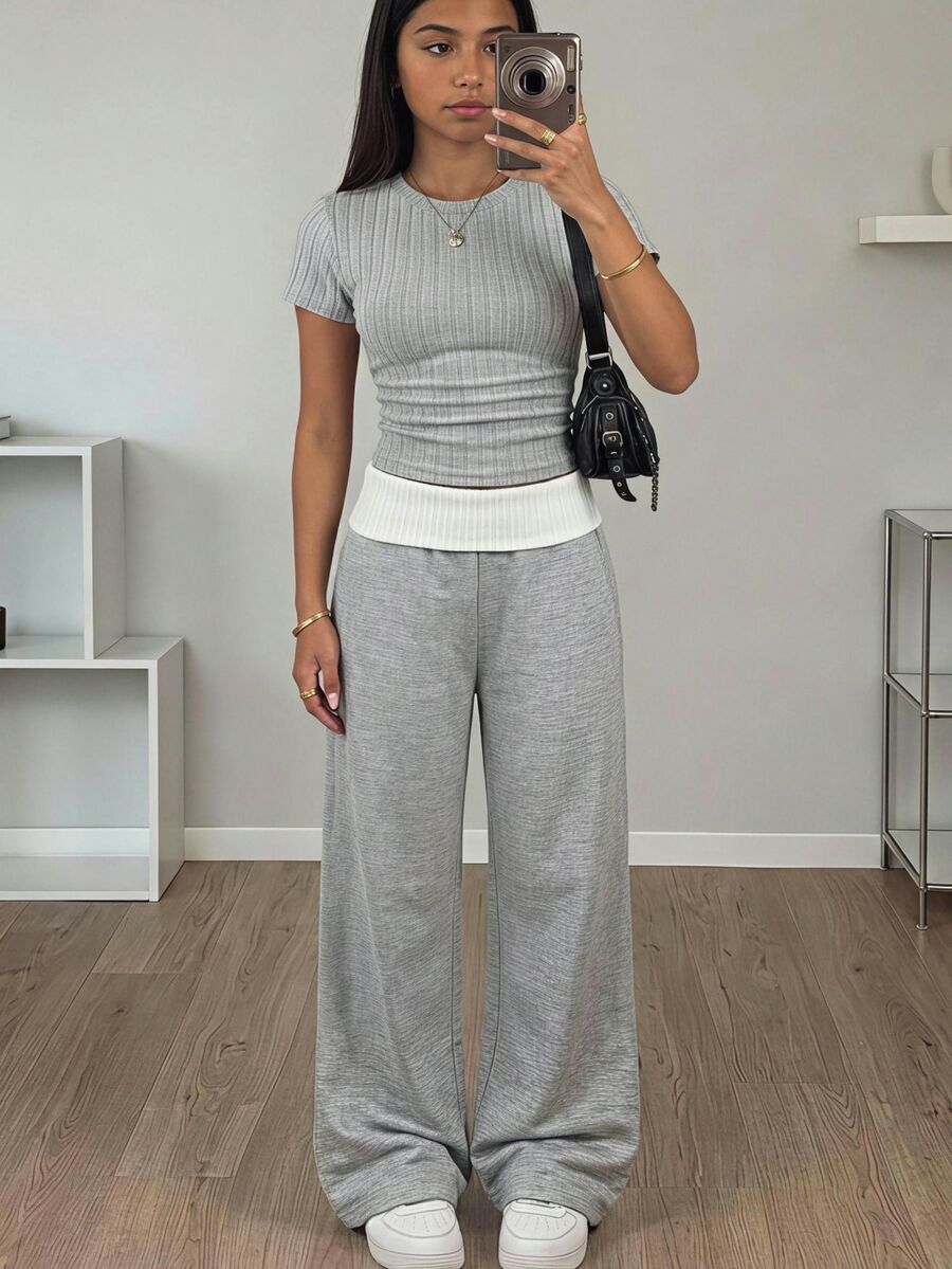 SHEIN Girlism 青少年女孩休閒簡約舒適藍白配色短袖T恤與摺腰長褲套裝 - 灰色 - 查看 1