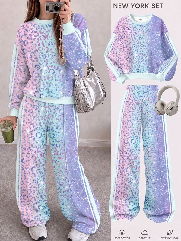 Shiny Rainbow Leopard Print, Tween Girl Casual Comfortable Soft Loose Pullover Sweatshirt & Loose Pants 2-Piece Set, Suitable For Autumn Daily, Chic, Sports, Campus, Music Festival, Homecoming, Girly Style, Chill Chill