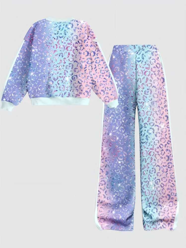 Shiny Rainbow Leopard Print, Tween Girl Casual Comfortable Soft Loose Pullover Sweatshirt & Loose Pants 2-Piece Set, Suitable For Autumn Daily, Chic, Sports, Campus, Music Festival, Homecoming, Girly Style, Chill Chill - Multicolor - View 2