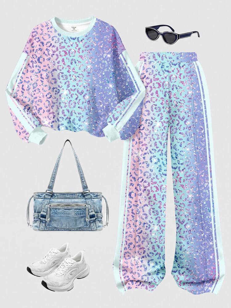 Shiny Rainbow Leopard Print, Tween Girl Casual Comfortable Soft Loose Pullover Sweatshirt & Loose Pants 2-Piece Set, Suitable For Autumn Daily, Chic, Sports, Campus, Music Festival, Homecoming, Girly Style, Chill Chill - Multicolor - View 3