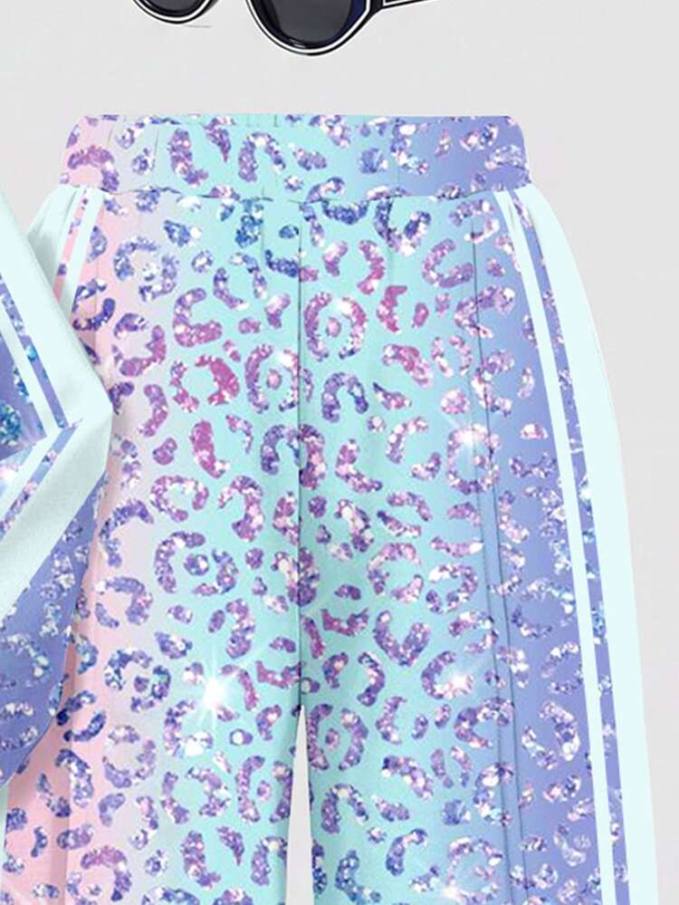 Shiny Rainbow Leopard Print, Tween Girl Casual Comfortable Soft Loose Pullover Sweatshirt & Loose Pants 2-Piece Set, Suitable For Autumn Daily, Chic, Sports, Campus, Music Festival, Homecoming, Girly Style, Chill Chill - Multicolor - View 5