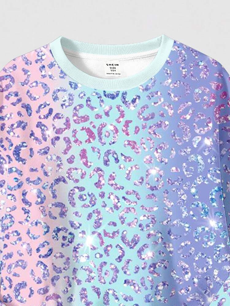 Shiny Rainbow Leopard Print, Tween Girl Casual Comfortable Soft Loose Pullover Sweatshirt & Loose Pants 2-Piece Set, Suitable For Autumn Daily, Chic, Sports, Campus, Music Festival, Homecoming, Girly Style, Chill Chill - Multicolor - View 4
