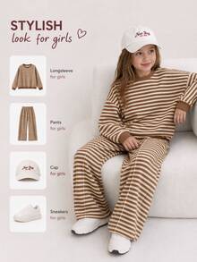 SHEIN Girlism 青少年女孩休閒極簡百搭棕色華夫格紋條紋寬鬆落肩長袖衛衣與寬腿褲套裝，適合秋冬日常穿著，秋季氛圍，慵懶隨性，時尚冬季 - 彩色 - 查看 4