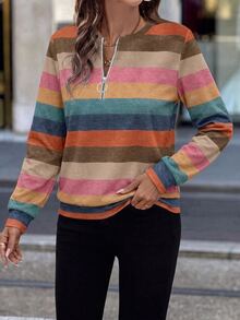 EMERY ROSE Casual Minimalist Style Contrast Color Striped Positioned Print Pattern Half-Zip Front Crew Neck Sweatshirt For Women, Suitable For Autumn/Winter - Multicolor - View 5