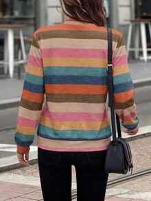 EMERY ROSE Casual Minimalist Style Contrast Color Striped Positioned Print Pattern Half-Zip Front Crew Neck Sweatshirt For Women, Suitable For Autumn/Winter - Multicolor - View 3
