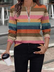 EMERY ROSE Casual Minimalist Style Contrast Color Striped Positioned Print Pattern Half-Zip Front Crew Neck Sweatshirt For Women, Suitable For Autumn/Winter - Multicolor - View 2