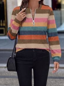 EMERY ROSE Casual Minimalist Style Contrast Color Striped Positioned Print Pattern Half-Zip Front Crew Neck Sweatshirt For Women, Suitable For Autumn/Winter - Multicolor - View 7