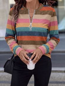 EMERY ROSE Casual Minimalist Style Contrast Color Striped Positioned Print Pattern Half-Zip Front Crew Neck Sweatshirt For Women, Suitable For Autumn/Winter - Multicolor - View 6