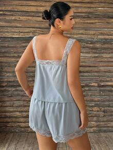 Dazy Plus Satin & Lace Camisole Top And Shorts 2-Piece Set, Elegant Spring/Summer Pajama Set - Baby Blue - View 5