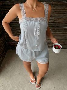 Dazy Plus Satin & Lace Camisole Top And Shorts 2-Piece Set, Elegant Spring/Summer Pajama Set - Baby Blue - View 2