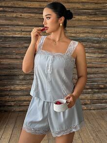 Dazy Plus Satin & Lace Camisole Top And Shorts 2-Piece Set, Elegant Spring/Summer Pajama Set - Baby Blue - View 3