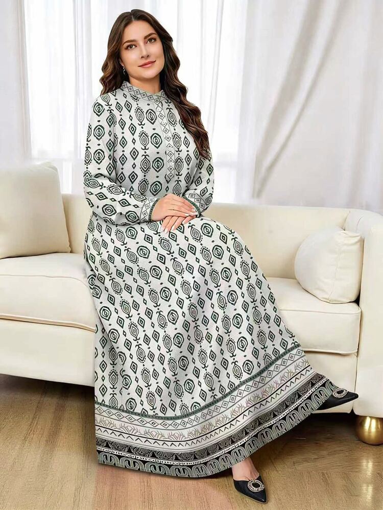 Lacomfia Gaun Ukuran Besar Abu-abu Motif Geometris Belah Ketupat Retro, Gaun Lengan Panjang Kerah Tegak Kancing Gaya Arab Elegan untuk Musim Semi/Gugur - MultiWarna - View 4