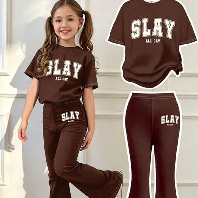 Coffee Brown Casual Loose Graphic Tee & Flare Pants 2 Piece…