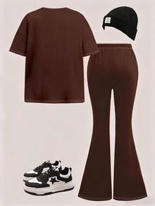 SHEIN 咖啡棕色休闲宽松印花T恤和喇叭裤两件套，适合少女穿着，印花圆领短袖上衣和长裤，适合秋季、舒适季节、休闲穿着，少女印花服装，秋季穿搭 - 彩色 - 查看 2