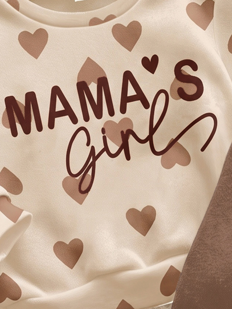 SHEIN Khaki, Cute Heart Letter Mama'girl❤, Baby Girl Casual Comfortable Soft Thick Warm Crew Neck Long Sleeve Sweatshirt & Leggings, Suitable For Autumn/Winter Daily Wear, Cozy Season, Stylish Baby Girl - Multicolor - View 7