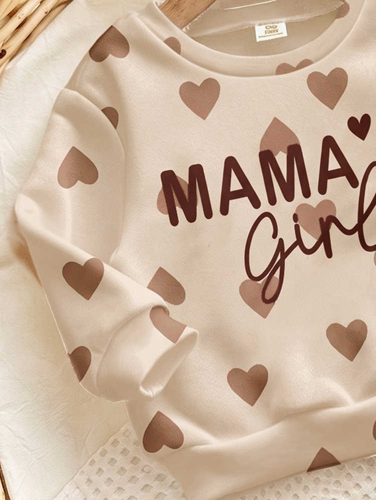SHEIN Khaki, Cute Heart Letter Mama'girl❤, Baby Girl Casual Comfortable Soft Thick Warm Crew Neck Long Sleeve Sweatshirt & Leggings, Suitable For Autumn/Winter Daily Wear, Cozy Season, Stylish Baby Girl - Multicolor - View 5