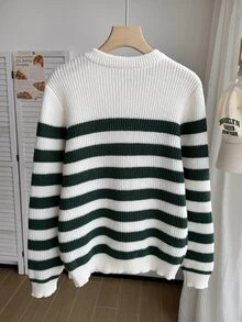 SHEIN 青少年男孩奶油綠條紋圓領針織毛衣，寬鬆版型長袖套頭衫，柔軟秋冬上衣，休閒校園聖誕萬聖節穿搭 - 白色 - 查看 2