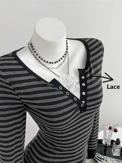Elamini Women's Autumn/Winter Black & Grey Striped Knit With White Lace Patchwork 2 In 1 Crew Neck Half-Button Front Long Sleeve Slim Fit T-Shirt, Vintage Cute Streetwear Commute Daily Outing Home Versatile