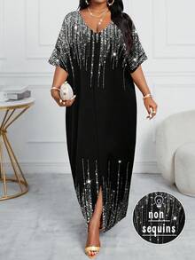 SHEIN Lady 春夏秋冬四季通用優雅派對通勤辦公多彩編織缺口領球形長裙短袖卡夫坦大尺碼洋裝 - 黑色 - 查看 1