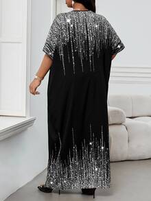 SHEIN Lady 春夏秋冬四季通用優雅派對通勤辦公多彩編織缺口領球形長裙短袖卡夫坦大尺碼洋裝 - 黑色 - 查看 2