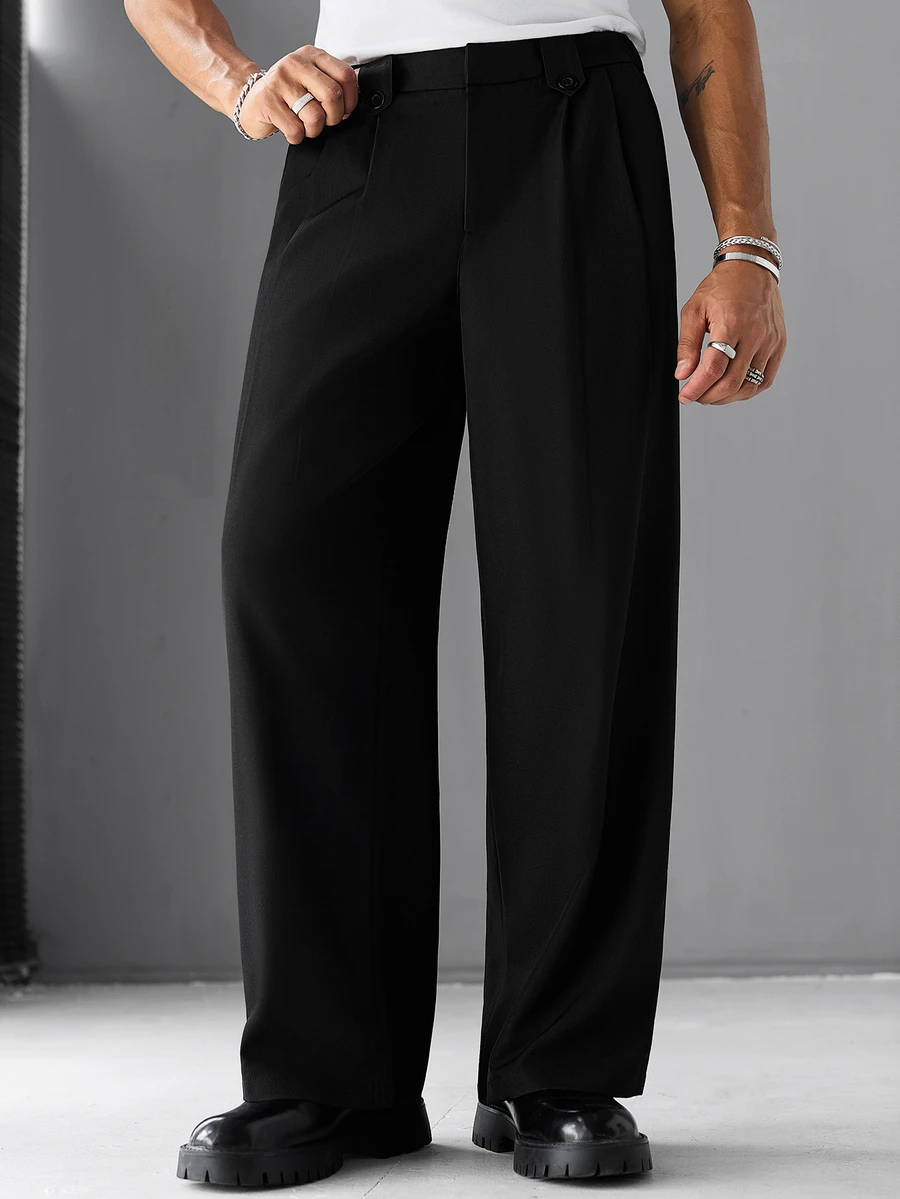 SLATEMANN Mature Casual Men's Pleated Design Wide Leg Loose Fit Long Pants - Black - View 1