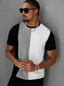 SLATEMANN Men's Minimalist Versatile Colorblock Crew Neck Short Sleeve T-Shirt - Black - View 3