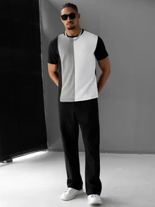 SLATEMANN Men's Minimalist Versatile Colorblock Crew Neck Short Sleeve T-Shirt - Black - View 5