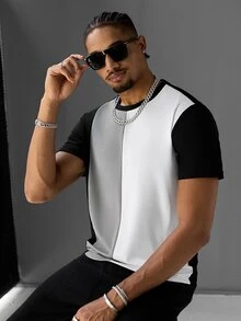 SLATEMANN Men's Minimalist Versatile Colorblock Crew Neck Short Sleeve T-Shirt - Black - View 7