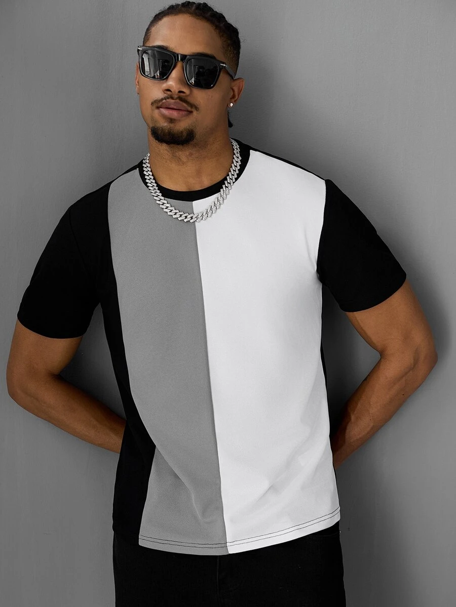 SLATEMANN Men's Minimalist Versatile Colorblock Crew Neck Short Sleeve T-Shirt - Black - View 1