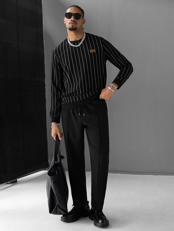 SLATEMANN Men's Striped Denim Long Sleeve Pullover Sweatshirt Drawstring Waist Cargo Pants Set House Date Night Black And White Striped Black Autumn Elegantes