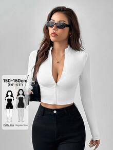 SHEIN PETITE 简约休闲基础款秋冬季半领拉链领V领长袖紧身外套弹力女上衣 - 白色 - 查看 3