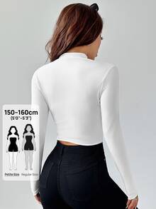 SHEIN PETITE 简约休闲基础款秋冬季半领拉链领V领长袖紧身外套弹力女上衣 - 白色 - 查看 2
