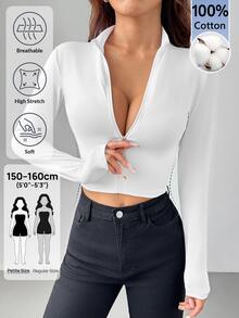 SHEIN PETITE 简约休闲基础款秋冬季半领拉链领V领长袖紧身外套弹力女上衣 - 白色 - 查看 1