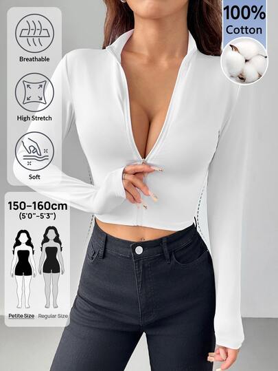 SHEIN PETITE Simple Casual Basic Autumn And Winter Half-Collar Zipper Collar V-Neck Long-Sleeved Tight Jacket Elastic Women's Top