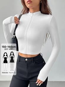 SHEIN PETITE 简约休闲基础款秋冬季半领拉链领V领长袖紧身外套弹力女上衣 - 白色 - 查看 8