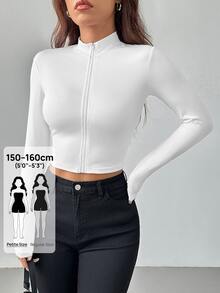 SHEIN PETITE 简约休闲基础款秋冬季半领拉链领V领长袖紧身外套弹力女上衣 - 白色 - 查看 4