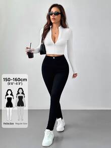 SHEIN PETITE 简约休闲基础款秋冬季半领拉链领V领长袖紧身外套弹力女上衣 - 白色 - 查看 5