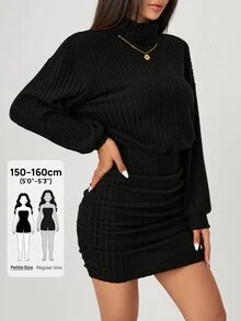SHEIN PETITE 高領落肩抓皺緊身洋裝，商務休閒女款，適合嬌小女性 - 黑色 - 查看 5