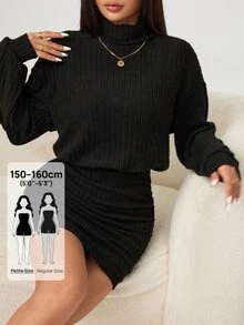SHEIN PETITE 高領落肩抓皺緊身洋裝，商務休閒女款，適合嬌小女性 - 黑色 - 查看 6