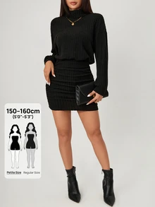 SHEIN PETITE 高領落肩抓皺緊身洋裝，商務休閒女款，適合嬌小女性 - 黑色 - 查看 4