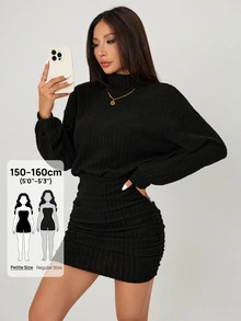 SHEIN PETITE 高領落肩抓皺緊身洋裝，商務休閒女款，適合嬌小女性 - 黑色 - 查看 7